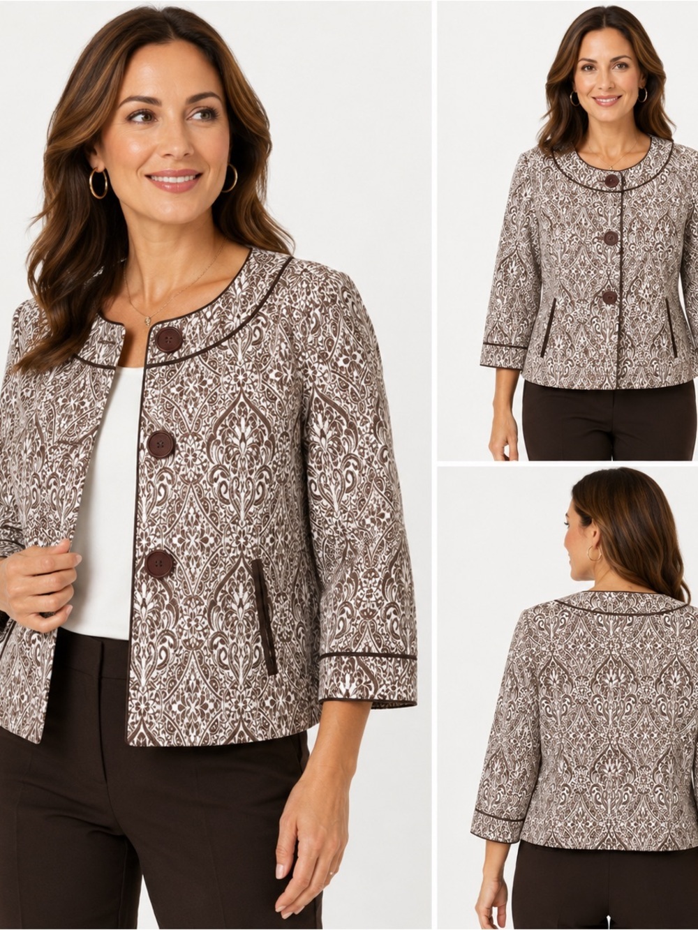Elementz Brown & White Damask Print Jacket Blazer XL NWT Cotton 3/4 Sleeve